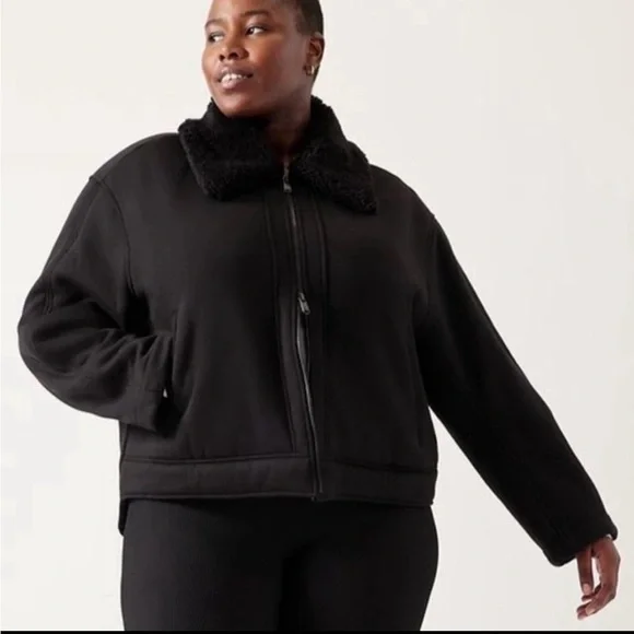 Athleta Sherpa Bomber Jacket 2X Black Zip Up Westbound Cozy Layer Lagonlook Fall - Picture 4 of 12